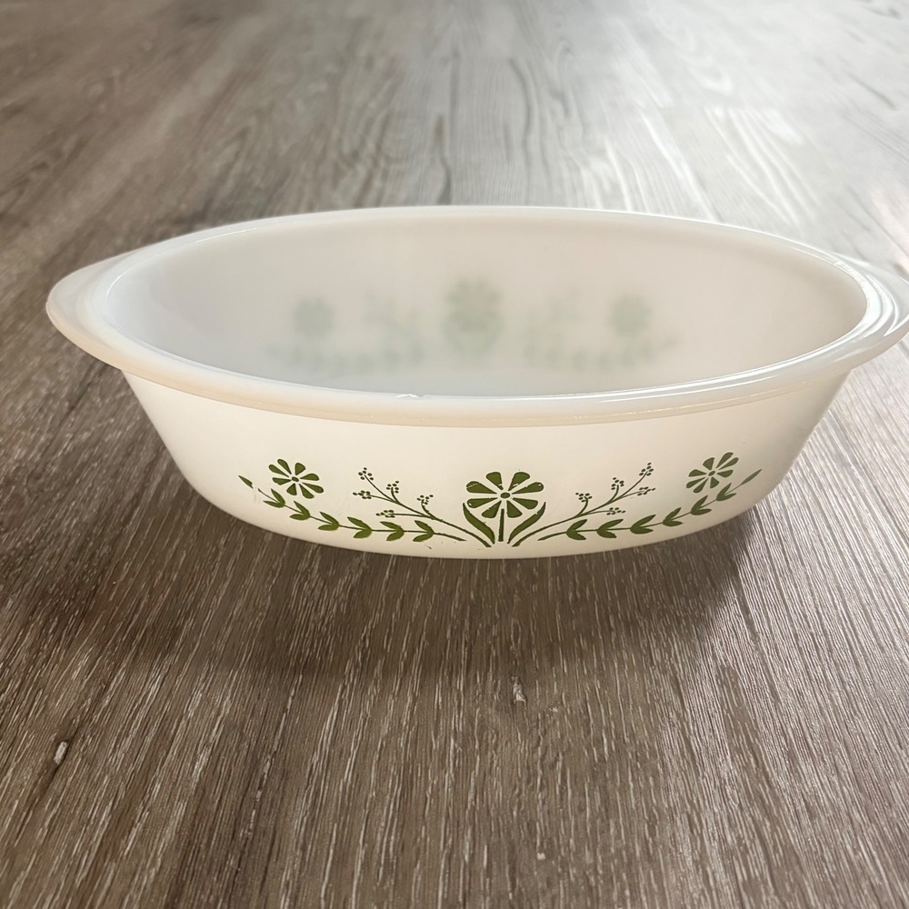 Vintage Glasbake Milk Glass Oval Casserole Dish Green Floral Daisy 10x6x2